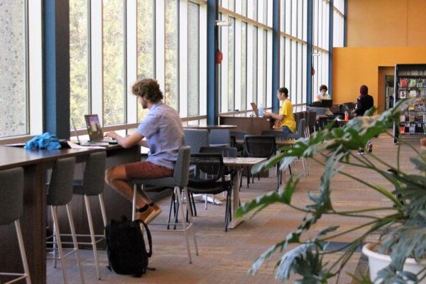 a person sitting at a desk in a library